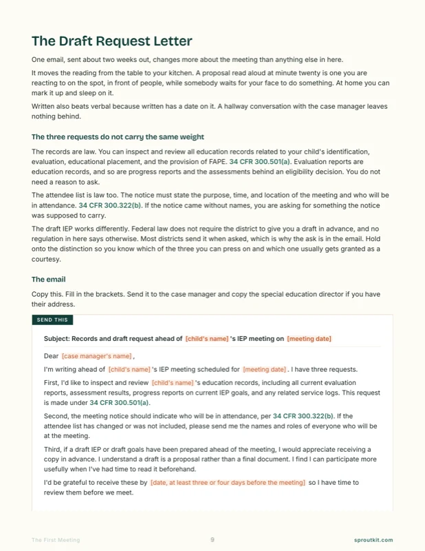 The Draft Request Letter, an email written out with the records request, the attendee list, and the draft, each carrying its regulation.