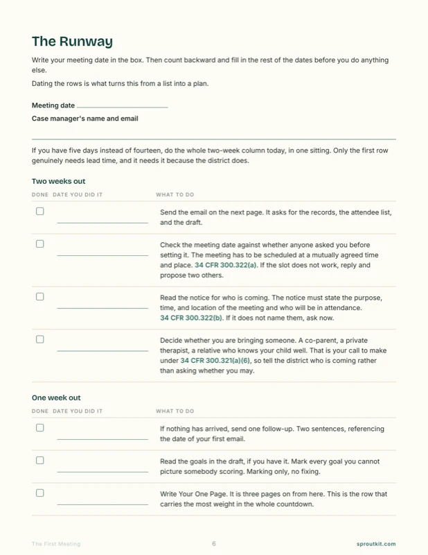 The Runway, a dated countdown of what to do two weeks and one week before the meeting, with checkboxes and the regulation behind each row.