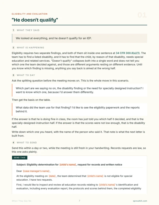 Scenario one, He doesn't qualify, showing what they said, what is happening, what to say, and the letter to send.